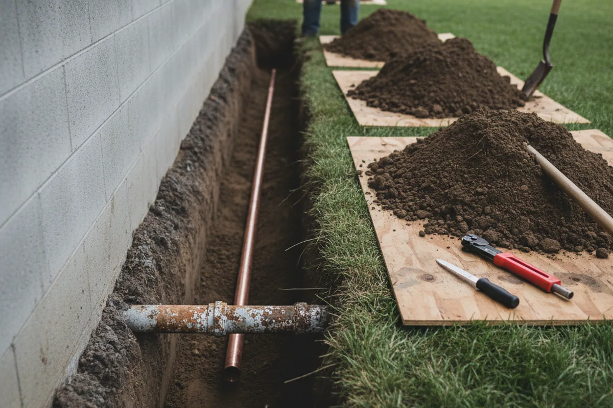 Excavated water line trench during Water Heater Repair in Marrero